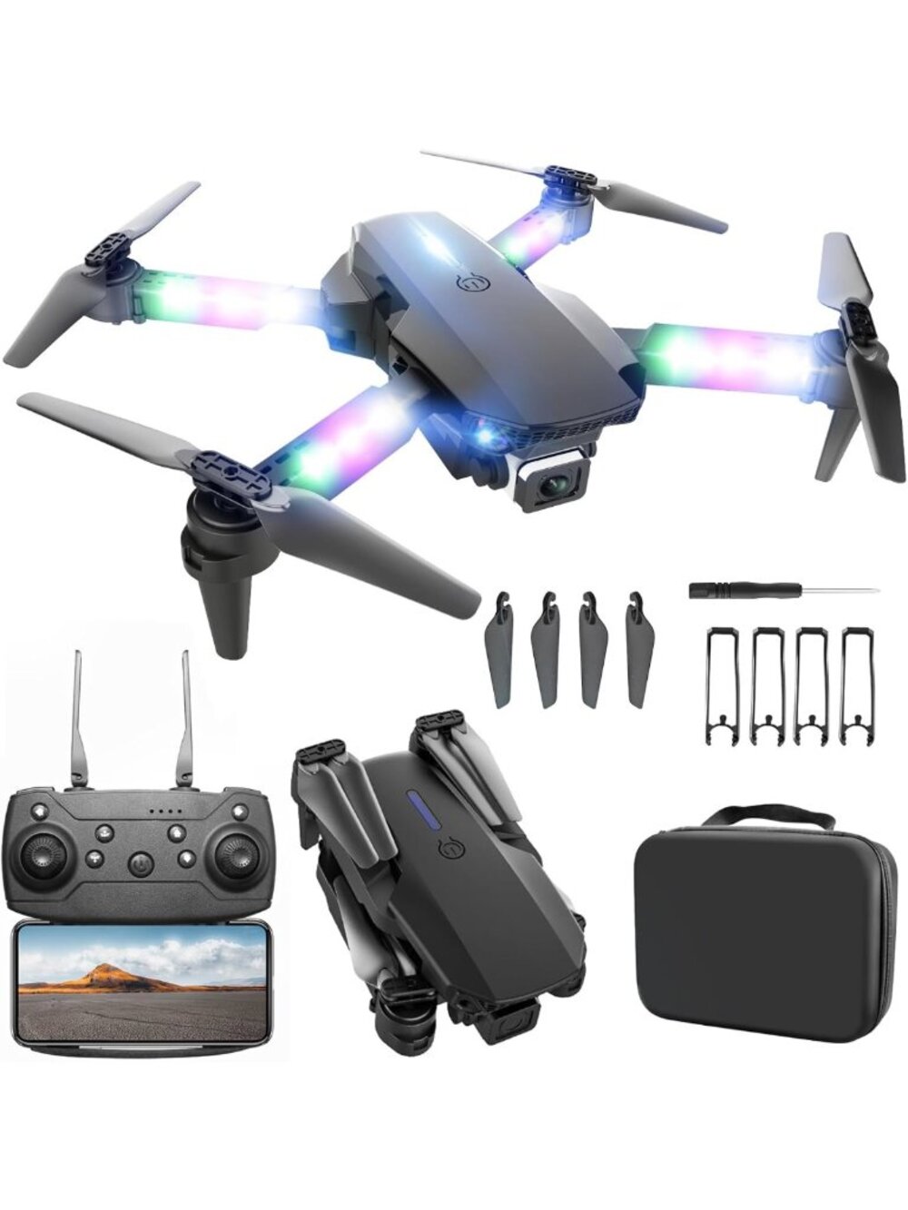 Foldable Drone with 1080P HD Camera, LED Lights, 2 Batteries, Easy for Kids